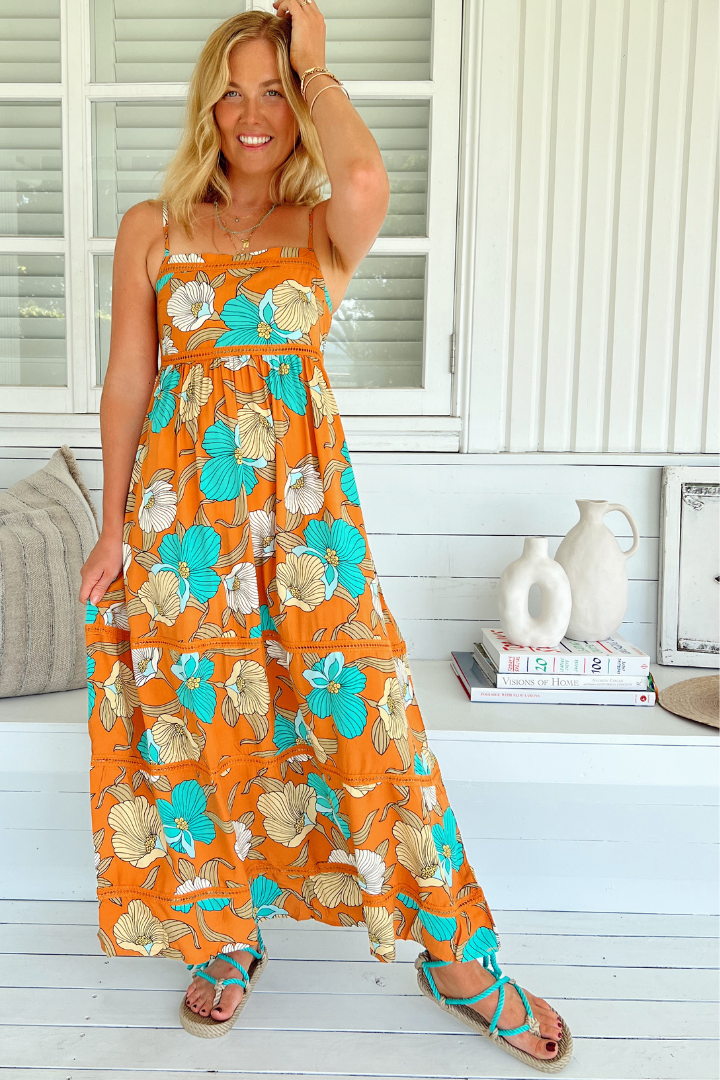 JAASE - Heidi Midi Dress: Tiered Sun Dress with Crochet Splicing in Aqua Fields Print