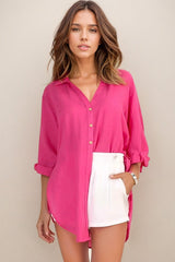 Beachly Shirt - Folded Collar Button Down Relaxed Shirt In Hot Pink