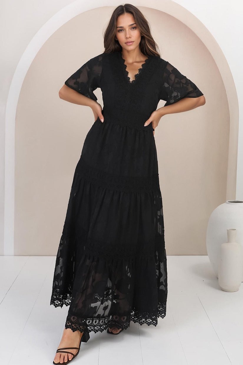 Madeline Maxi Dress - Lace Trim Embroidered A Line Dress in Black