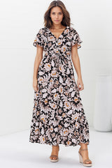 Hanna Maxi Dress - Cap Sleeve Tiered A Line Dress with Toggle Detailed Waist Tie in Torah Print