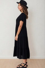 Milla Midi Dress - Tiered Cap Sleeve Button Down Linen Dress in Black