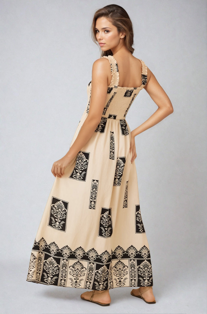 Carmelle Maxi Dress - Thick Strap Elasticated Bodice Sun Dress in Cannes Print