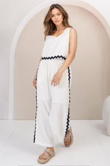 Bailie Linen Set - Boxy Top and Pant Set with Rick Rack Detailing in White