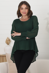 Kayt Blouse - Plisse Long Sleeve Top with High-Low Hemline in Green