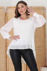 Kayt Blouse - Plisse Long Sleeve Top with High-Low Hemline in White