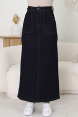 Hadrian Denim Maxi Skirt - High Waisted A-Line Skirt in Indigo