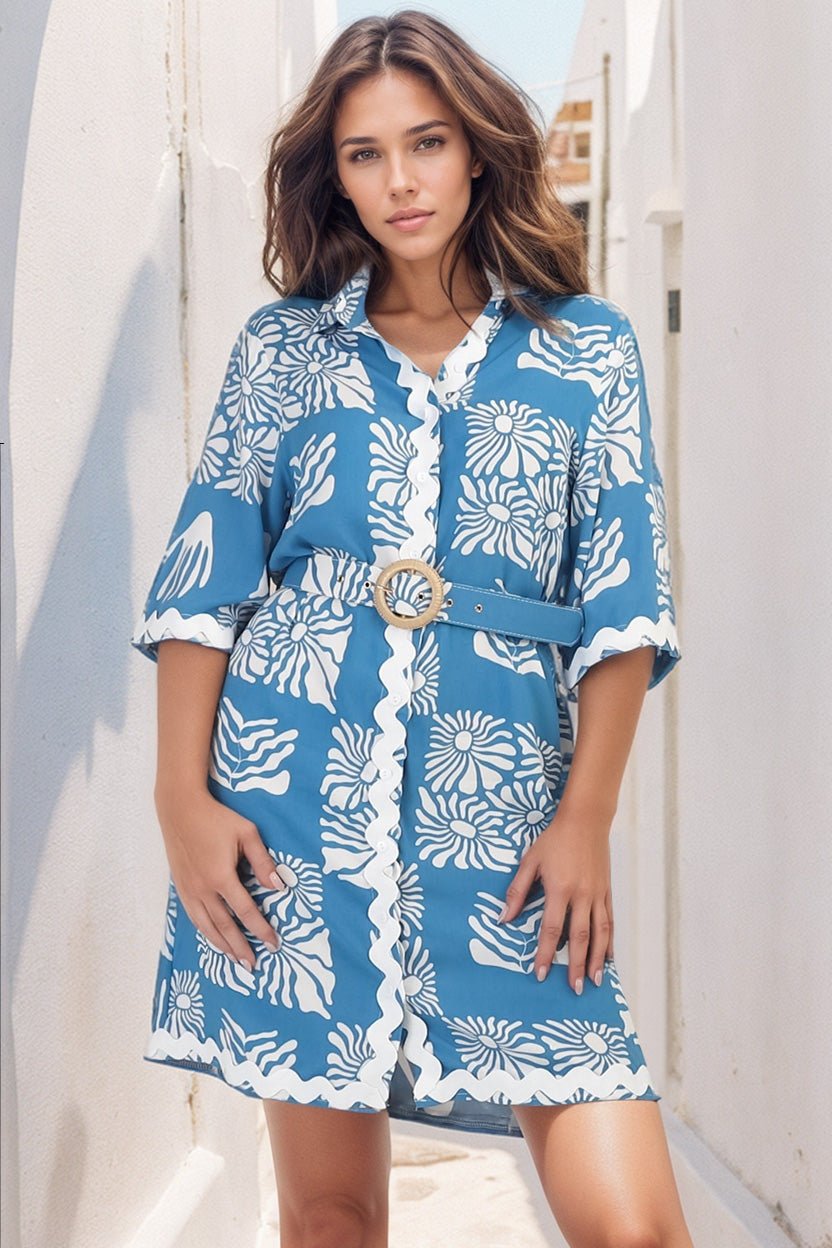 Achelle Mini Dress - Rick Rack Detailed Collared Shirt Dress with Belt in Lakin Print Blue