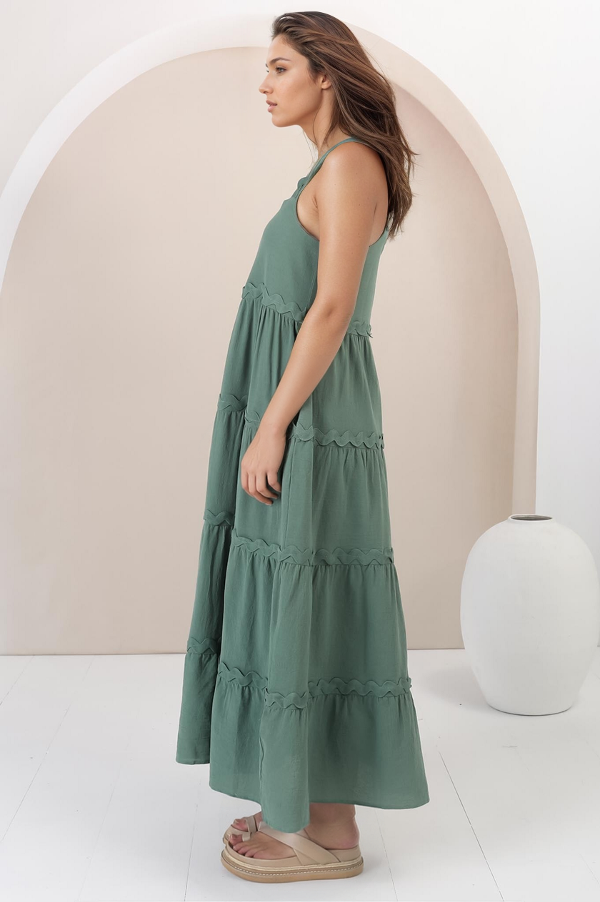 Bailie Maxi Dress - Rick Rack Detailed Sun Dress with Pockets in Green