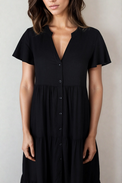 Milla Midi Dress - Tiered Cap Sleeve Button Down Linen Dress in Black