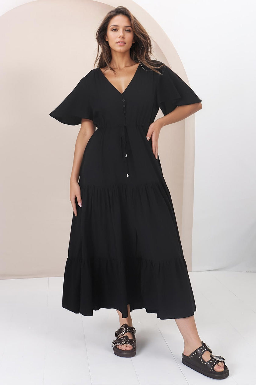 Anya Maxi Dress - Flutter Cap Sleeve Pull Tie Waist Dress in Black