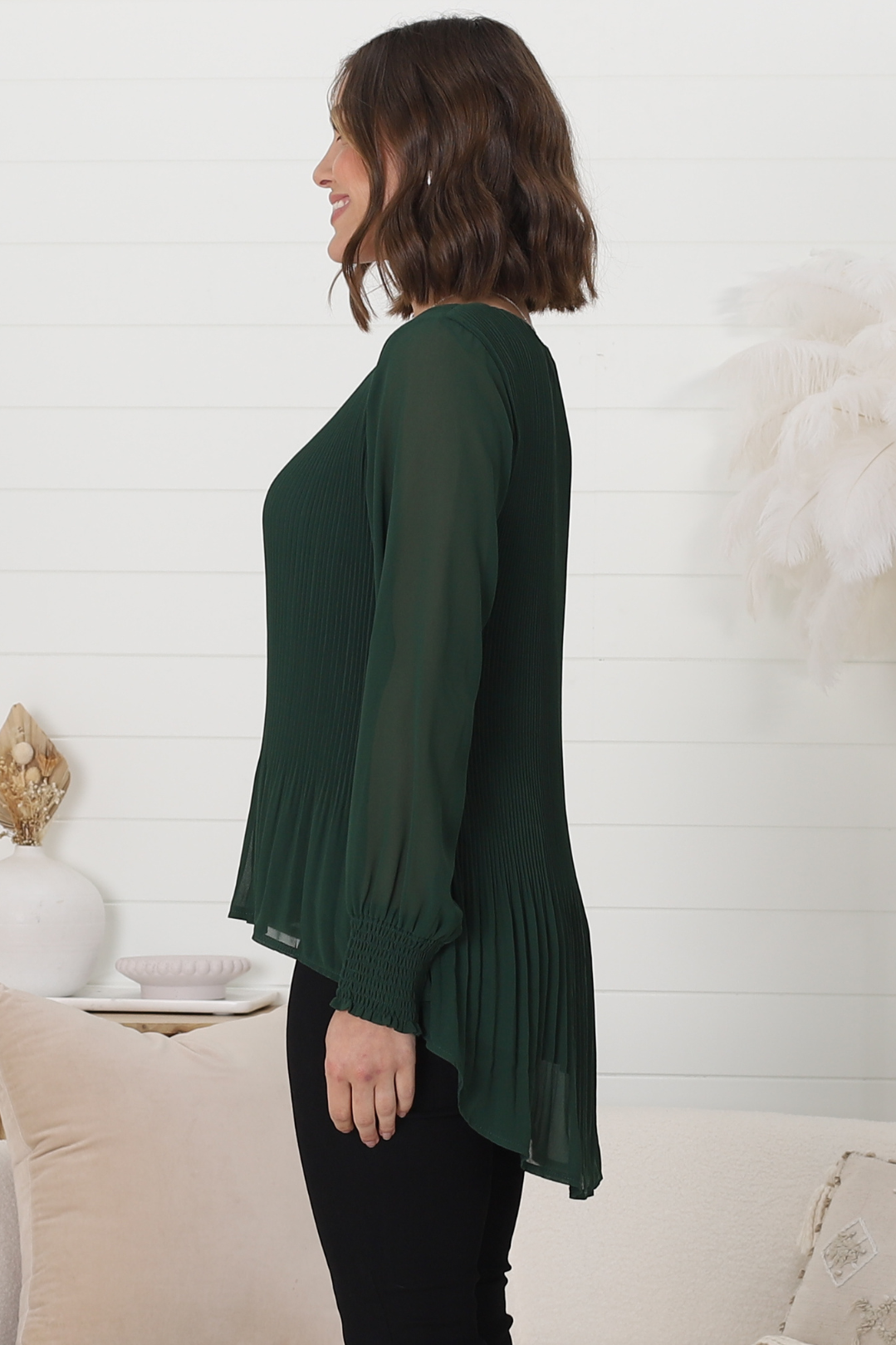 Kayt Blouse - Plisse Long Sleeve Top with High-Low Hemline in Green