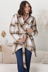 Clooney Coat - Checkered Collared Coat with Matching Belt in Beige