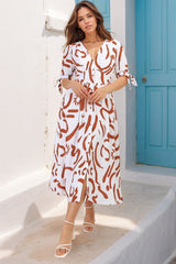 Nelli Midi Dress - V Neckline A Line Dress with Tie Detail Sleeve in Daley Print Terracotta