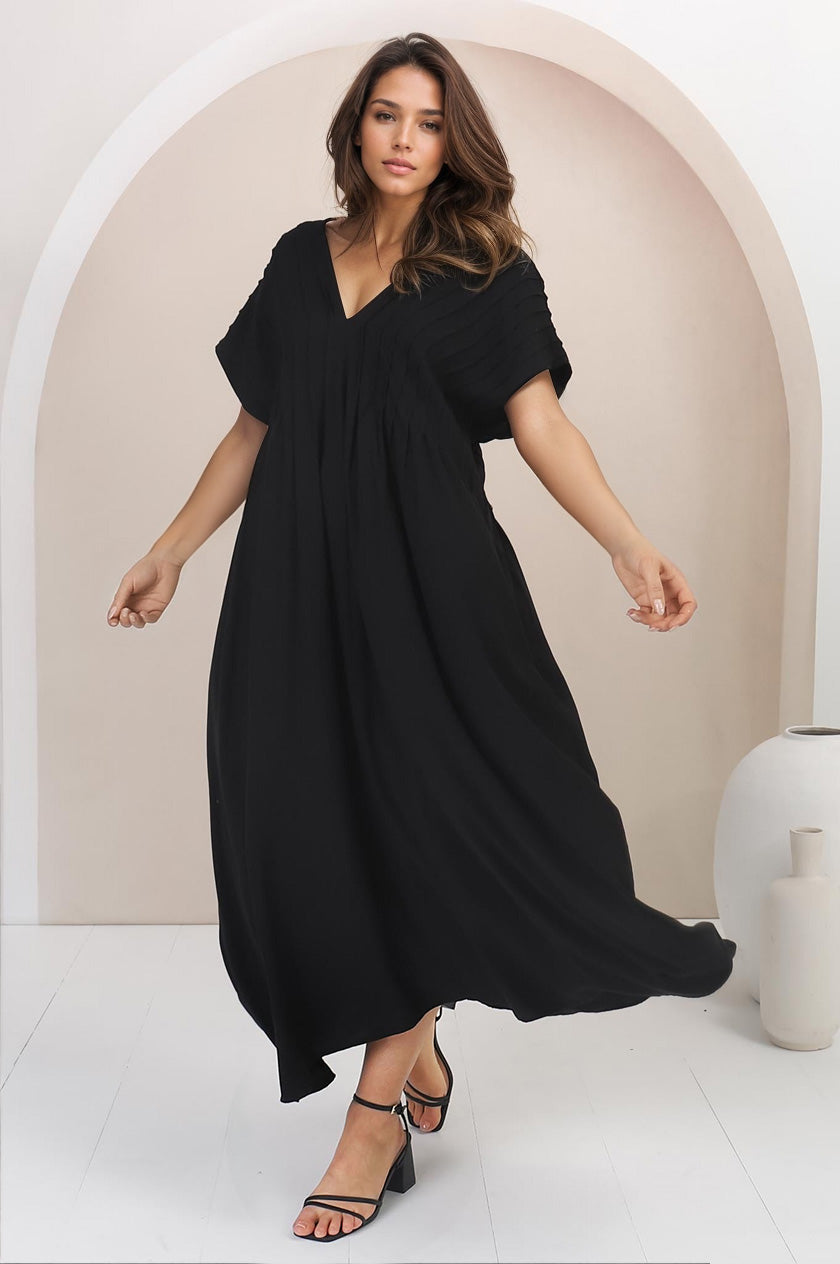 Ashanti Midi Dress - Pin Tuck V Neck Pull Over Dress with Waist Tie in Black