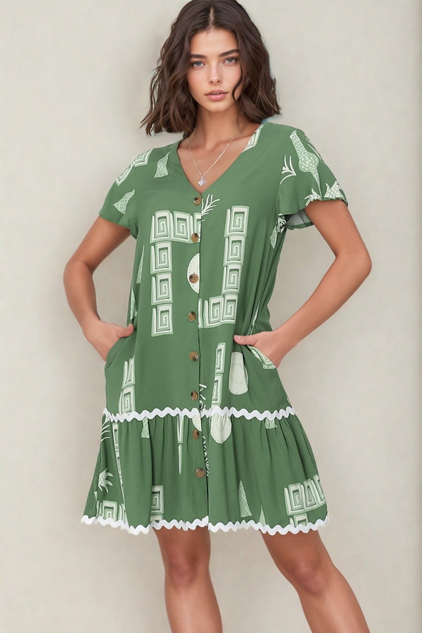 Amaris Mini Dress - V Neck Button Down Dress with Rick Rack Decal Saba Print in Green