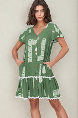 Amaris Mini Dress - V Neck Button Down Dress with Rick Rack Decal Saba Print in Green