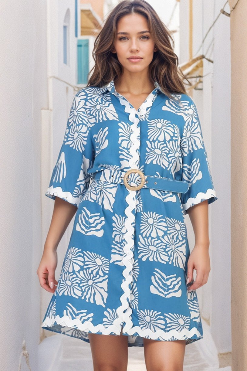 Achelle Mini Dress - Rick Rack Detailed Collared Shirt Dress with Belt in Lakin Print Blue