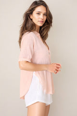 Shelly Shirt - Linen Collared Button Down Shirt in Pink