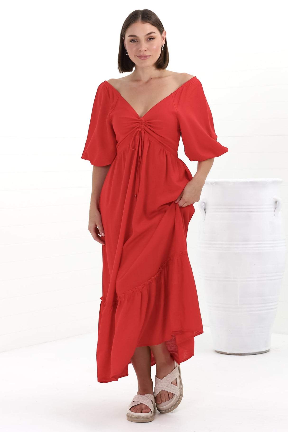 Aadrika Maxi Dress - On Or Off Shoulder Shirred Back in Red