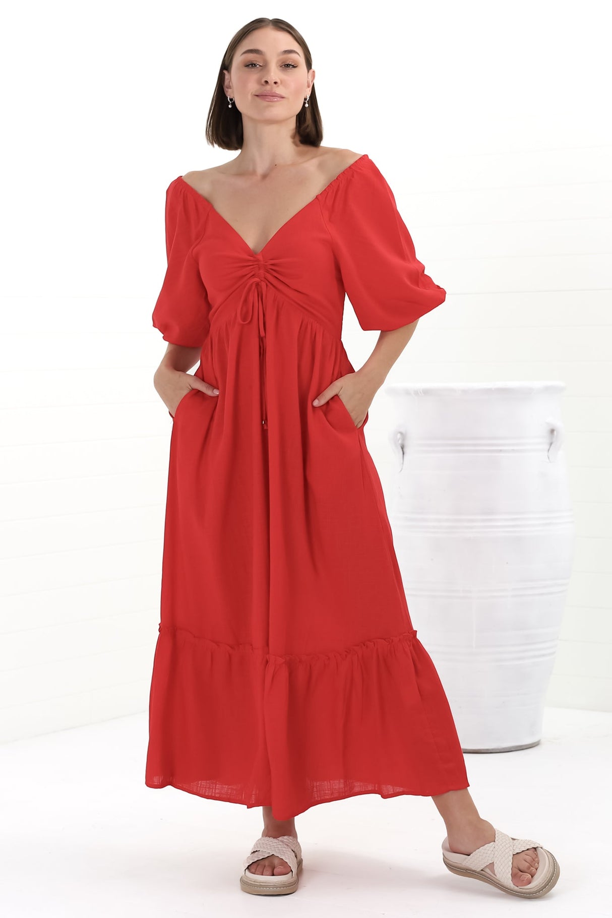 Aadrika Maxi Dress - On Or Off Shoulder Shirred Back in Red