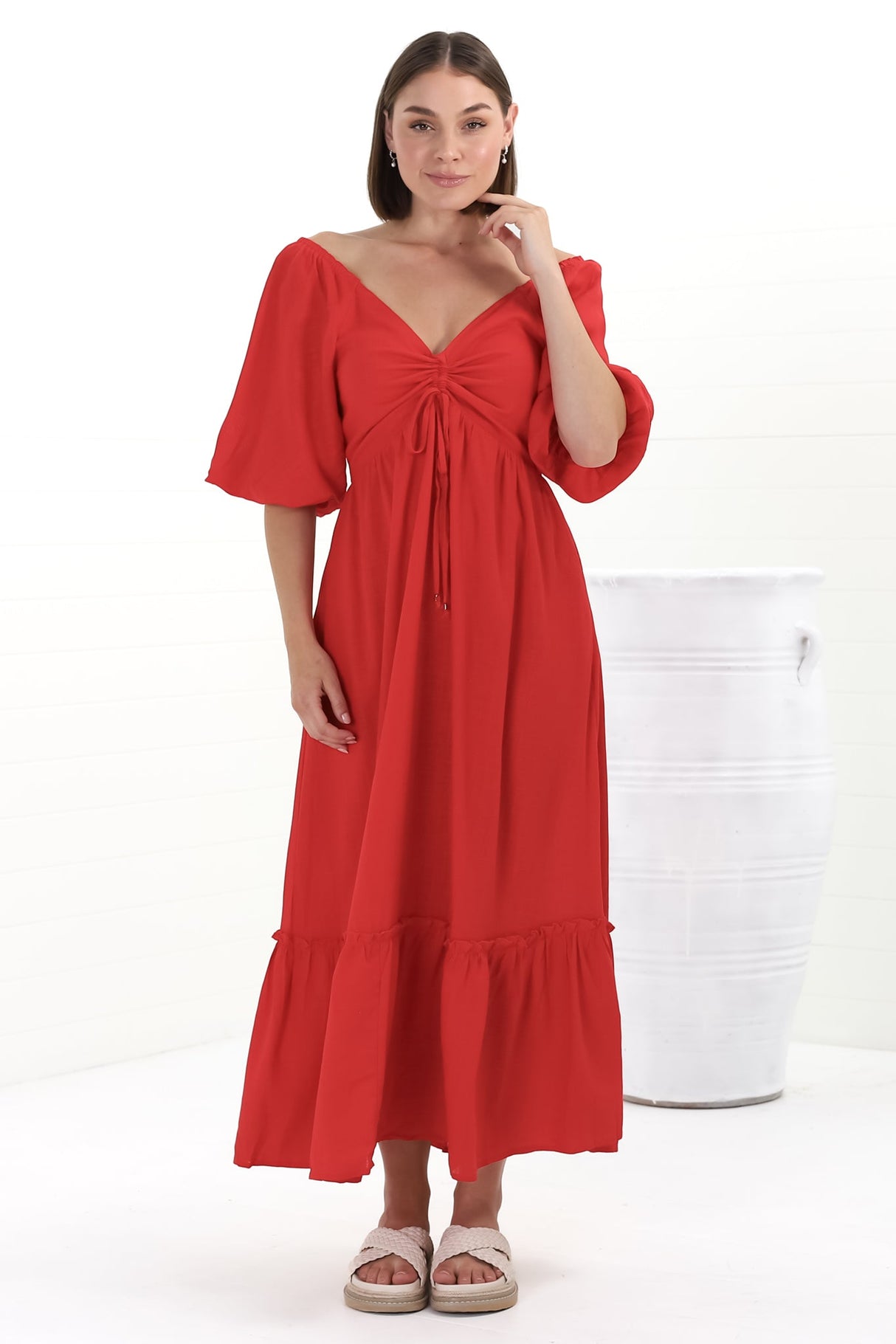 Aadrika Maxi Dress - On Or Off Shoulder Shirred Back in Red