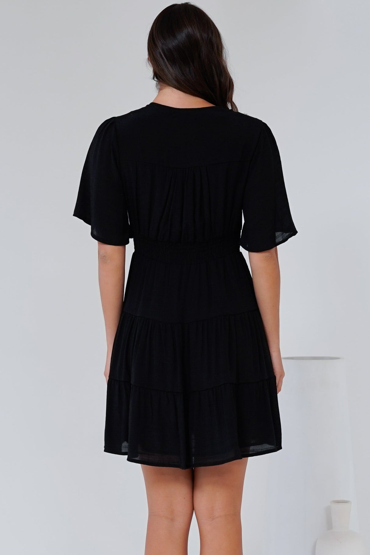 Aalia Mini Dress - Short Cape Sleeve Button Down V-Neck Dress in Black