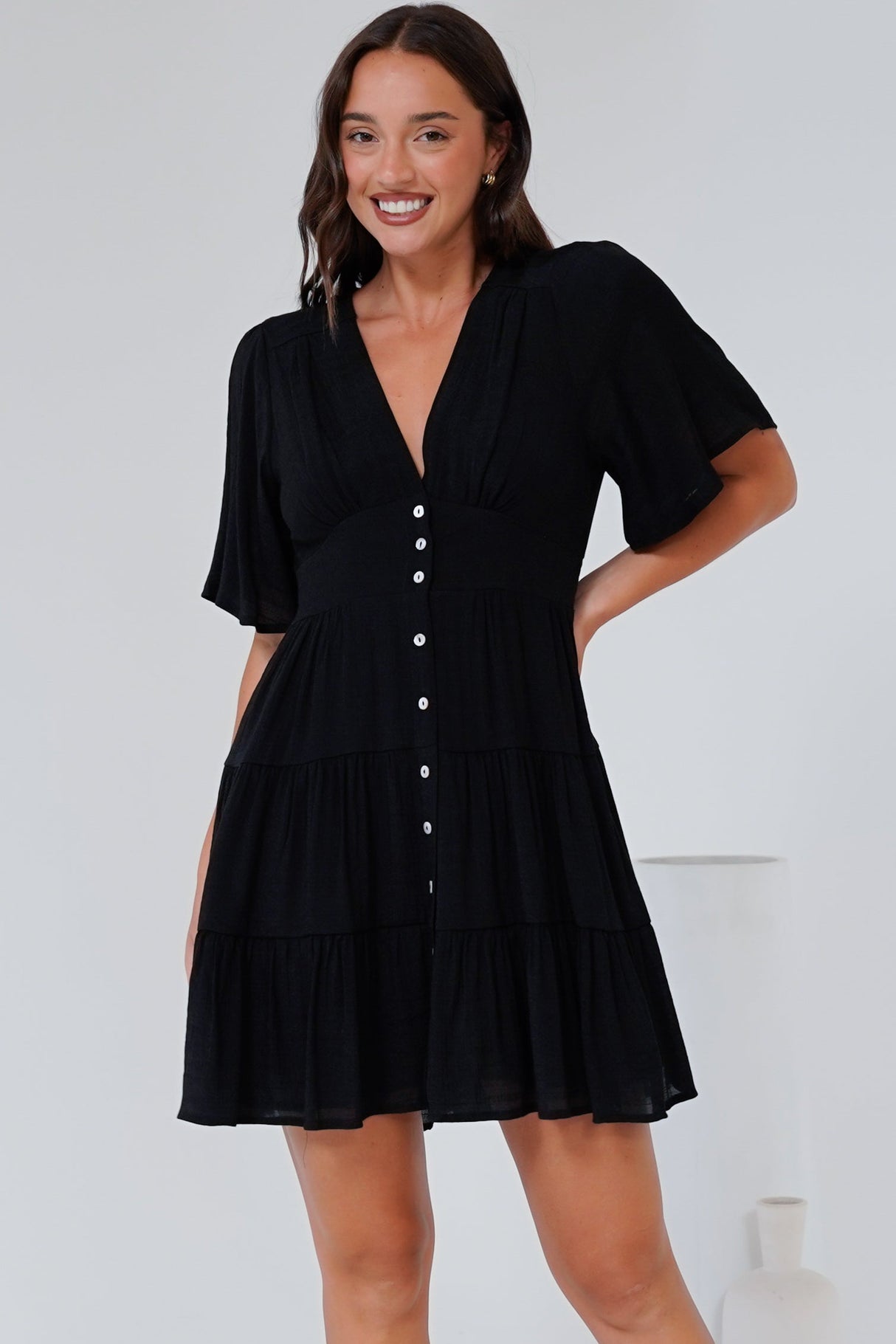 Aalia Mini Dress - Short Cape Sleeve Button Down V-Neck Dress in Black