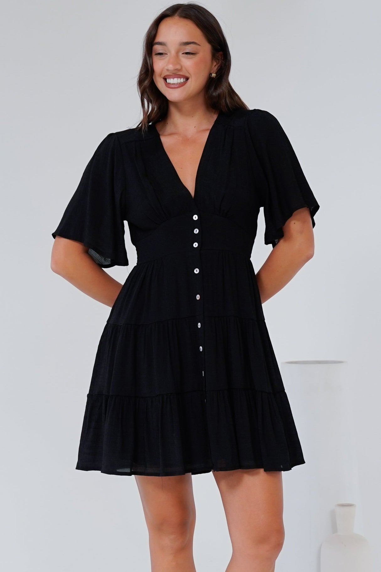 Aalia Mini Dress - Short Cape Sleeve Button Down V-Neck Dress in Black