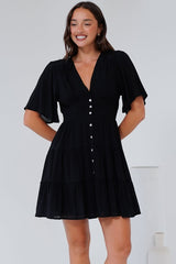 Aalia Mini Dress - Short Cape Sleeve Button Down V-Neck Dress in Black