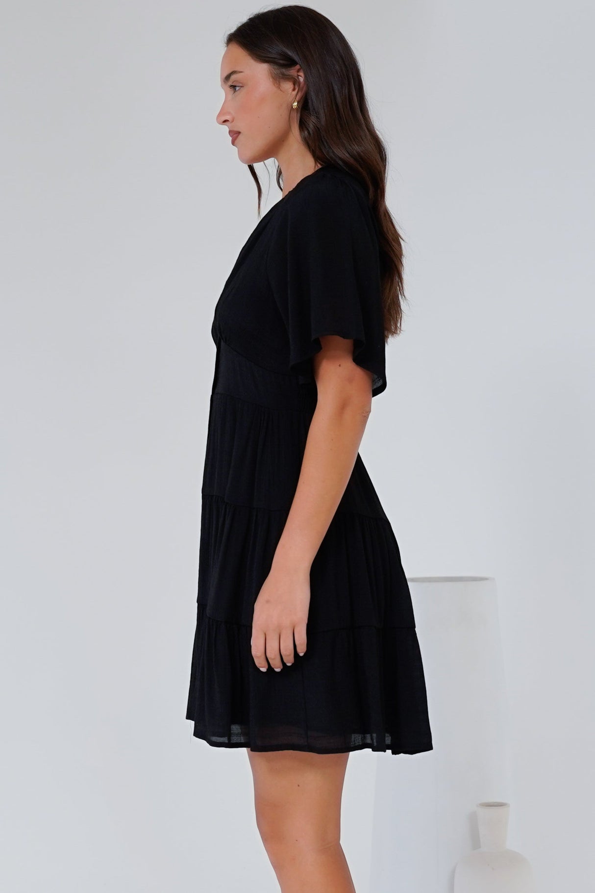 Aalia Mini Dress - Short Cape Sleeve Button Down V-Neck Dress in Black