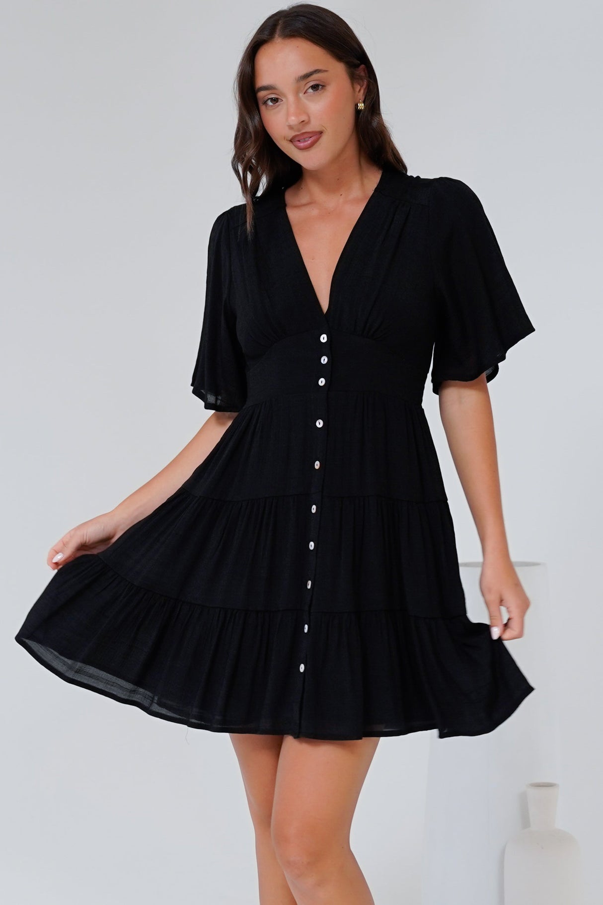 Aalia Mini Dress - Short Cape Sleeve Button Down V-Neck Dress in Black