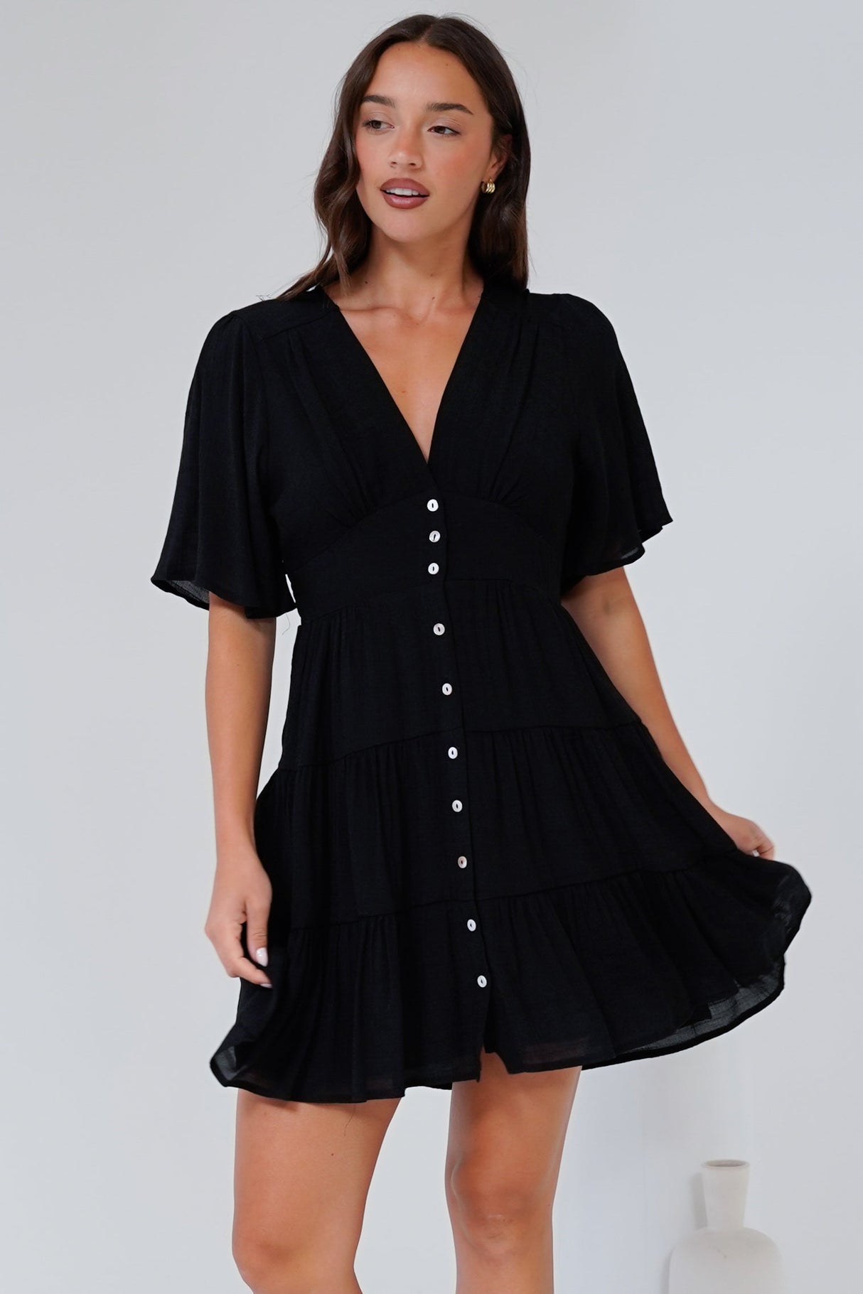 Aalia Mini Dress - Short Cape Sleeve Button Down V-Neck Dress in Black