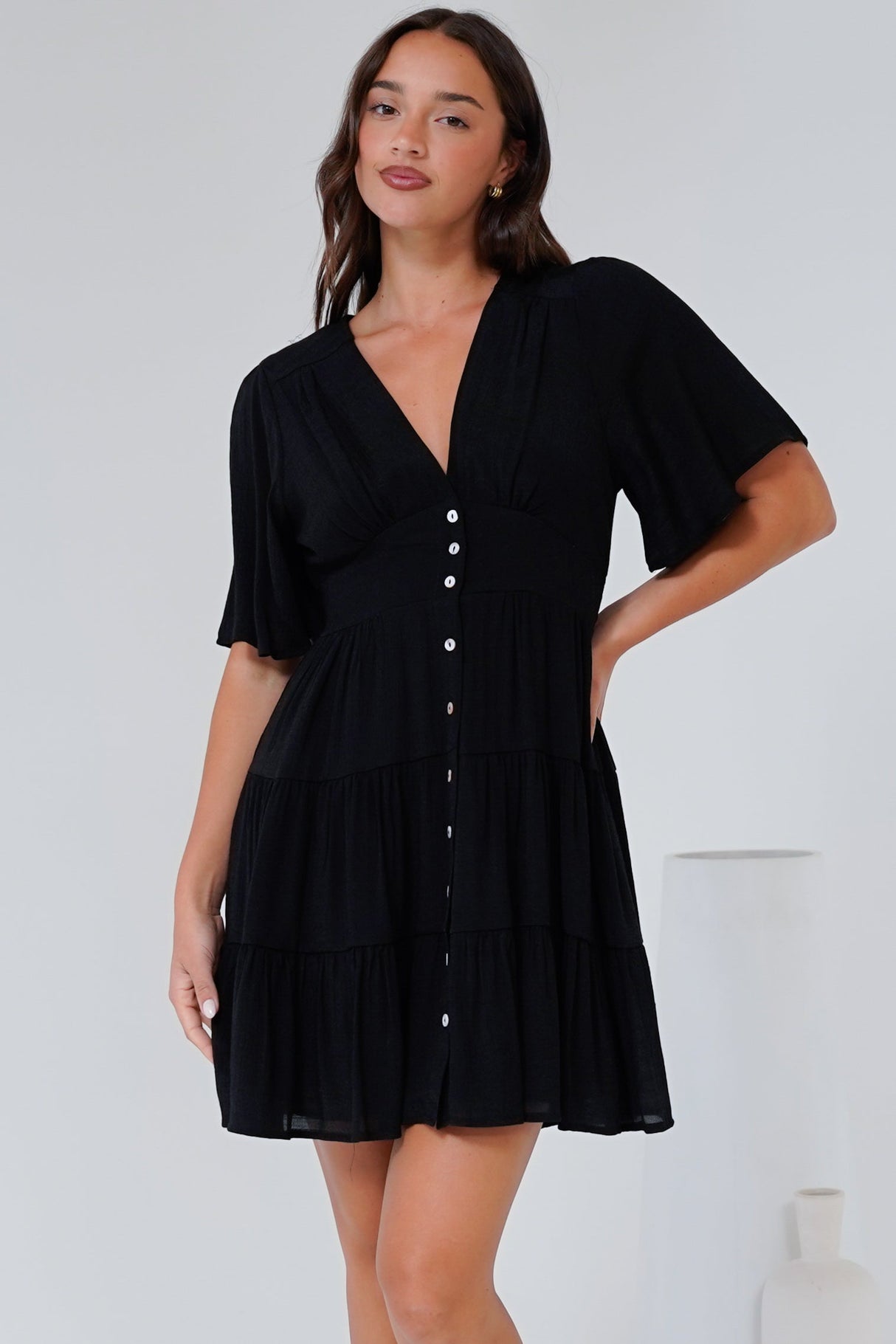 Aalia Mini Dress - Short Cape Sleeve Button Down V-Neck Dress in Black