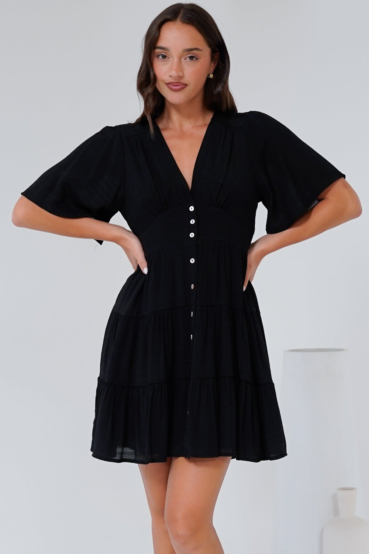 Aalia Mini Dress - Short Cape Sleeve Button Down V-Neck Dress in Black