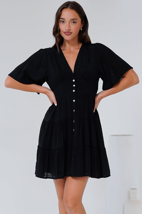 Aalia Mini Dress - Short Cape Sleeve Button Down V-Neck Dress in Black