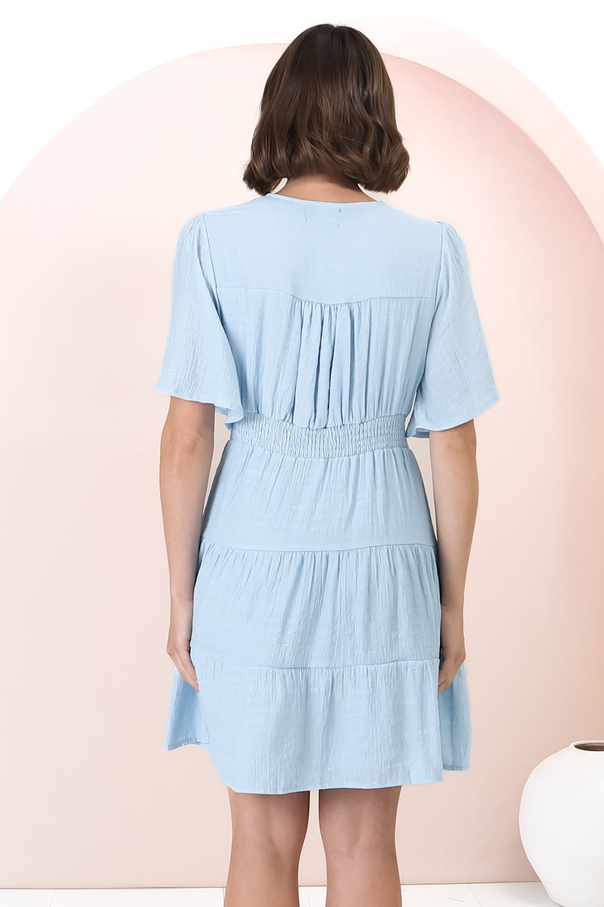 Aalia Mini Dress - Short Cape Sleeve Button Down V-Neck Dress in Blue