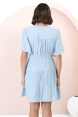 Aalia Mini Dress - Short Cape Sleeve Button Down V-Neck Dress in Blue