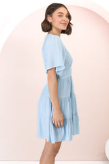 Aalia Mini Dress - Short Cape Sleeve Button Down V-Neck Dress in Blue