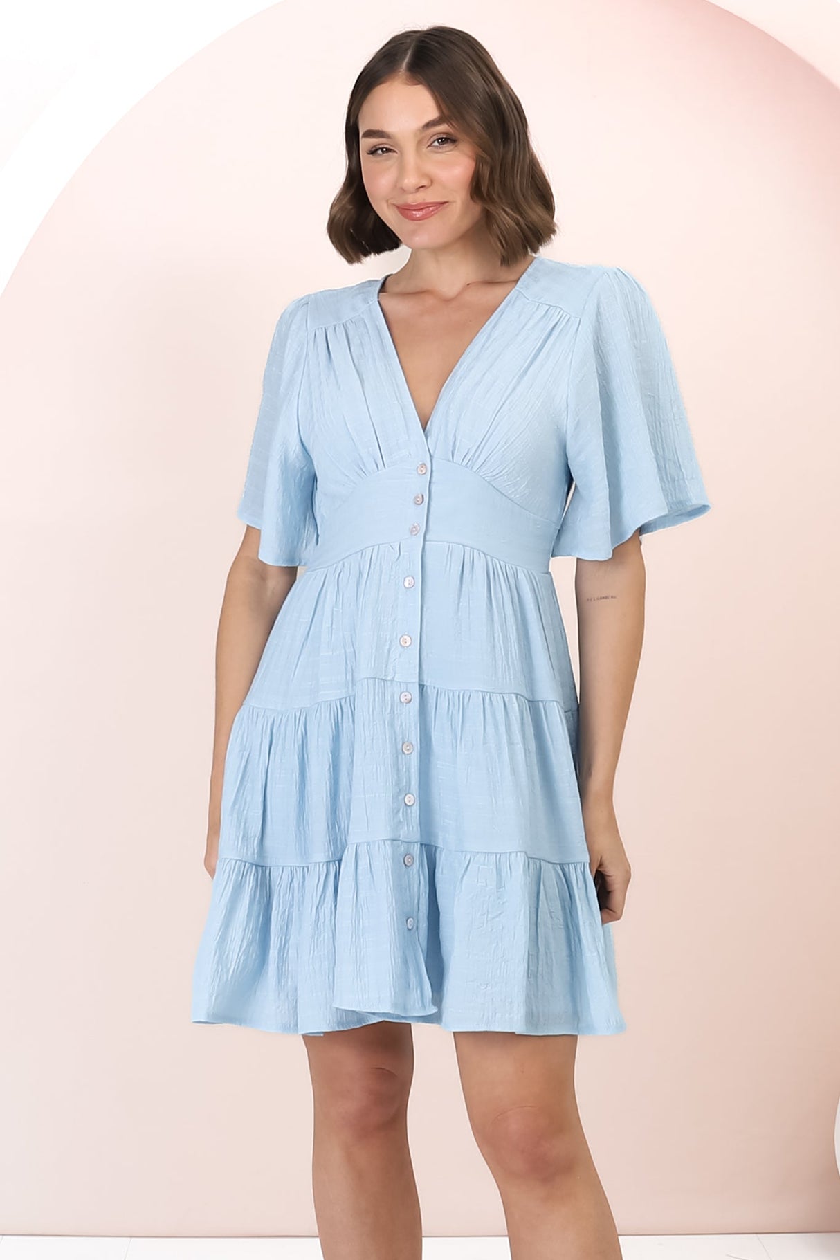 Aalia Mini Dress - Short Cape Sleeve Button Down V-Neck Dress in Blue