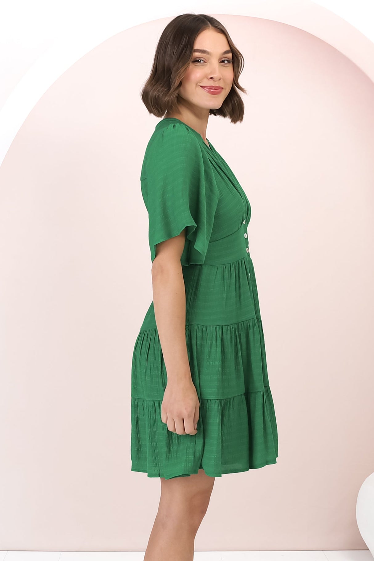 Aalia Mini Dress - Short Cape Sleeve Button Down V-Neck Dress in Green