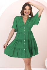 Aalia Mini Dress - Short Cape Sleeve Button Down V-Neck Dress in Green