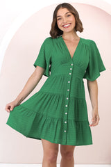 Aalia Mini Dress - Short Cape Sleeve Button Down V-Neck Dress in Green