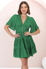 Aalia Mini Dress - Short Cape Sleeve Button Down V-Neck Dress in Green