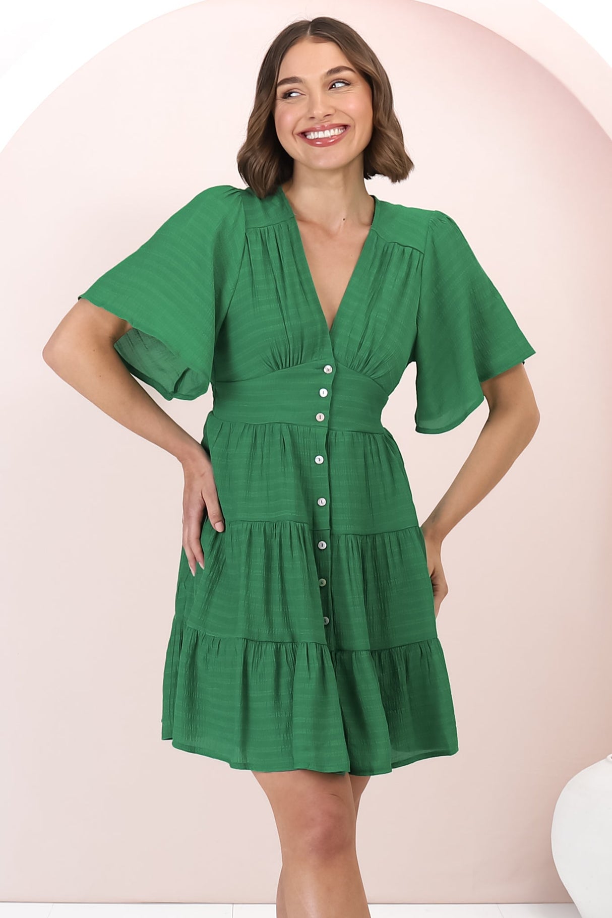 Aalia Mini Dress - Short Cape Sleeve Button Down V-Neck Dress in Green