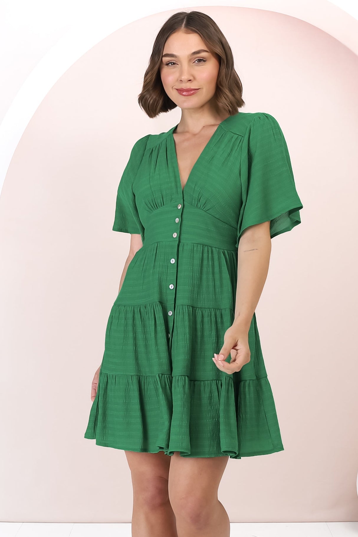 Aalia Mini Dress - Short Cape Sleeve Button Down V-Neck Dress in Green