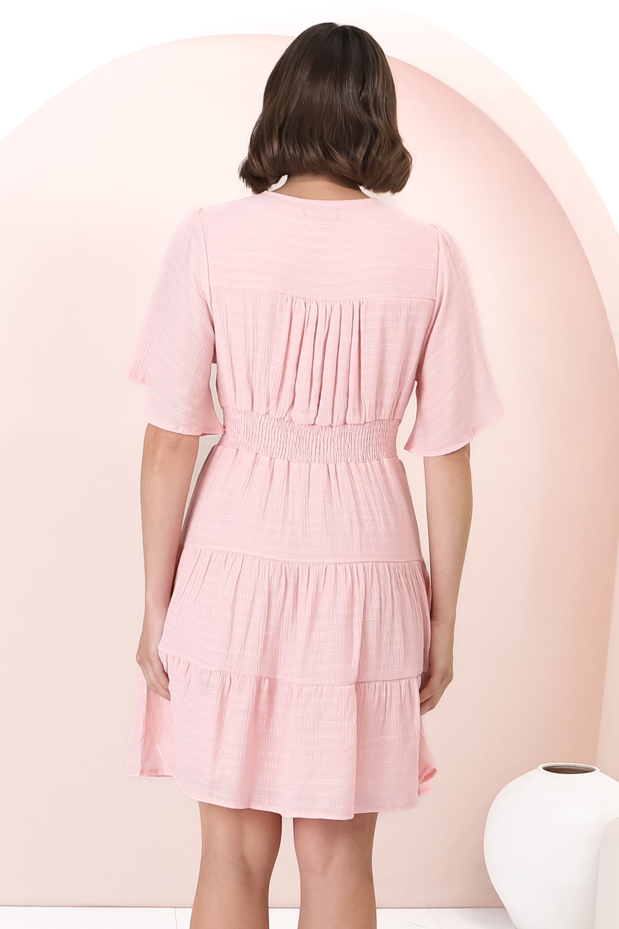 Aalia Mini Dress - Short Cape Sleeve Button Down V-Neck Dress in Pink