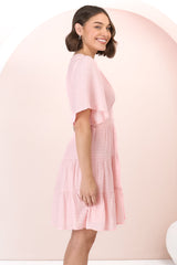 Aalia Mini Dress - Short Cape Sleeve Button Down V-Neck Dress in Pink