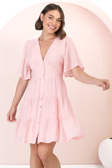 Aalia Mini Dress - Short Cape Sleeve Button Down V-Neck Dress in Pink