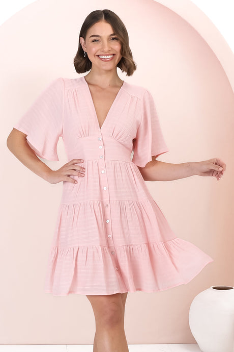 Aalia Mini Dress - Short Cape Sleeve Button Down V-Neck Dress in Pink