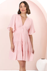 Aalia Mini Dress - Short Cape Sleeve Button Down V-Neck Dress in Pink